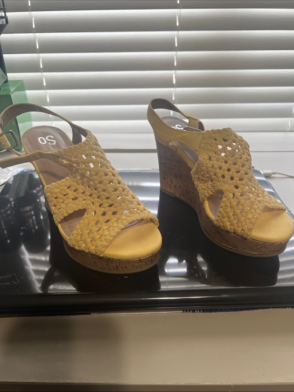 SO Mustard Yellow Woven Cork Wedge Sandals